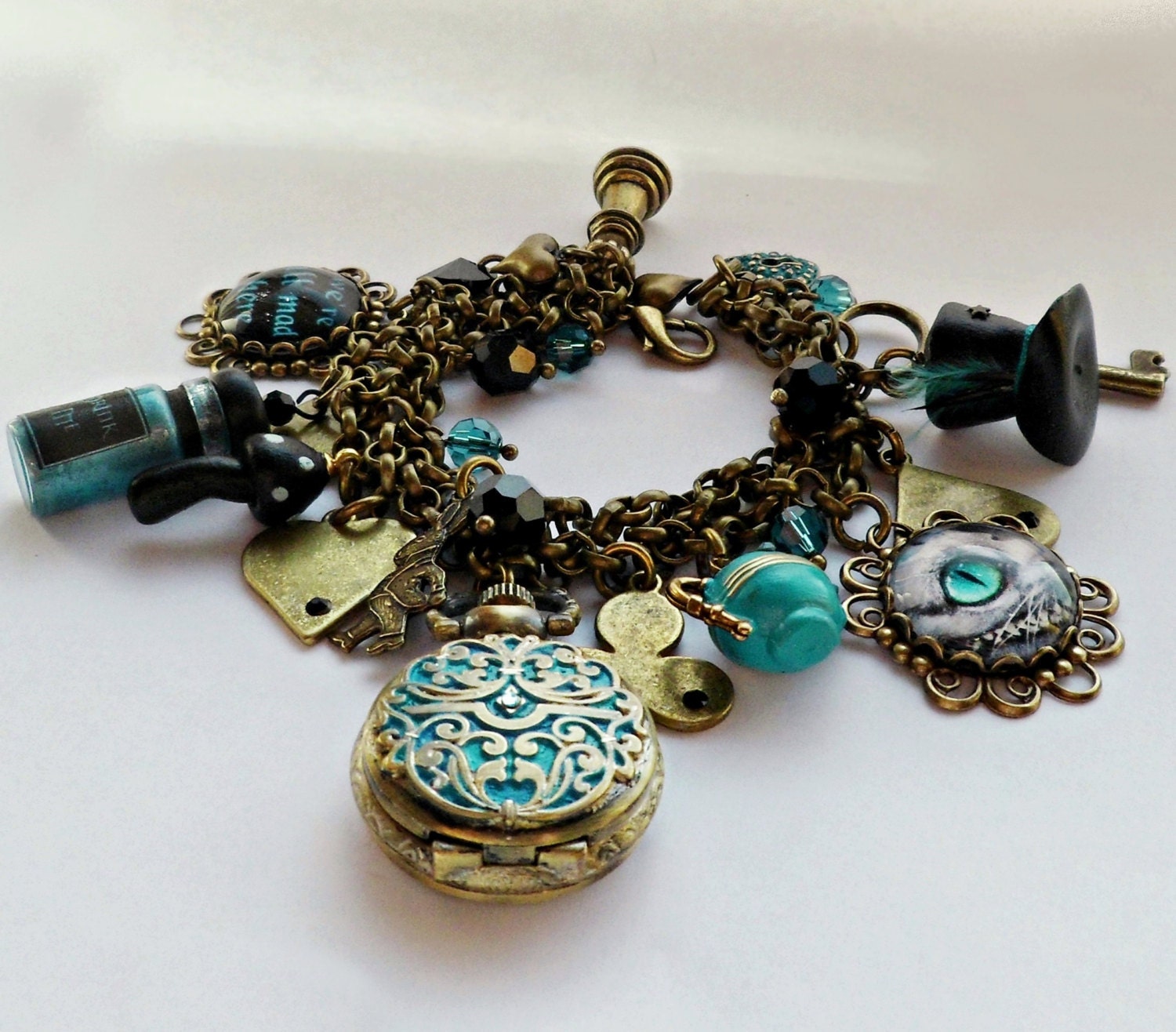 Alice in Wonderland Watch and Charm Bracelet in Antique Brass and Teal