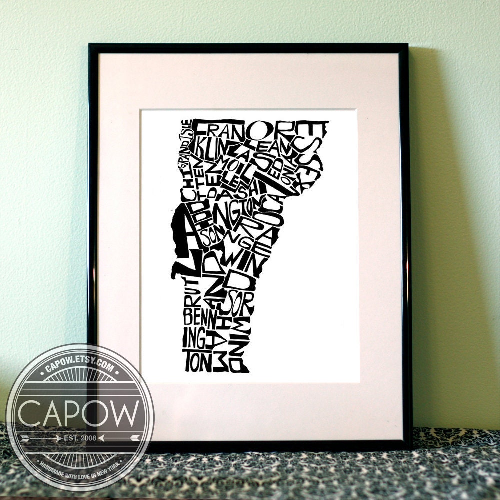 Vermont - typography map art print 8x10 - customizable personalized state poster custom wall decor engagement wedding housewarming gift