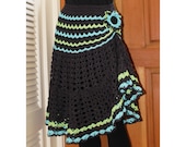 Hand Crocheted Asymmetrical Zig Zag Striped Black Aqua Lime Skirt Tunic Dress - OSFM - by Annie Briggs 'DEEDRA'