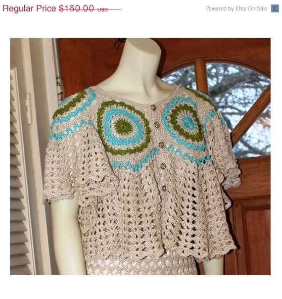 May Sale Crochet Women's Blouse - Sizes OSFM - Ecru Avocado Green Turquoise Blue Doily Wheel Top by Annie Briggs 'BEVERLEE'