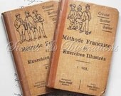 2 Antique French Books - 1922 - Methode Francaise et Exercices Illustres - Volumes I and II