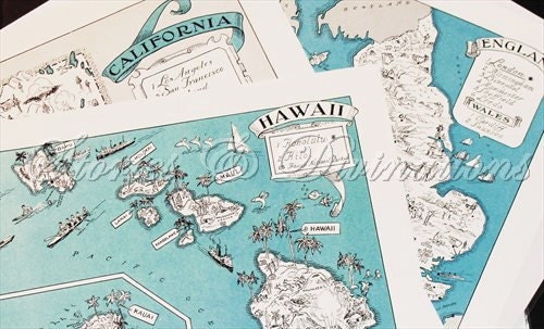Map - New York Vintage Map - Aqua - Cottage Chic - A Fun and Funky Little 1930s Picture Map of New York to Frame