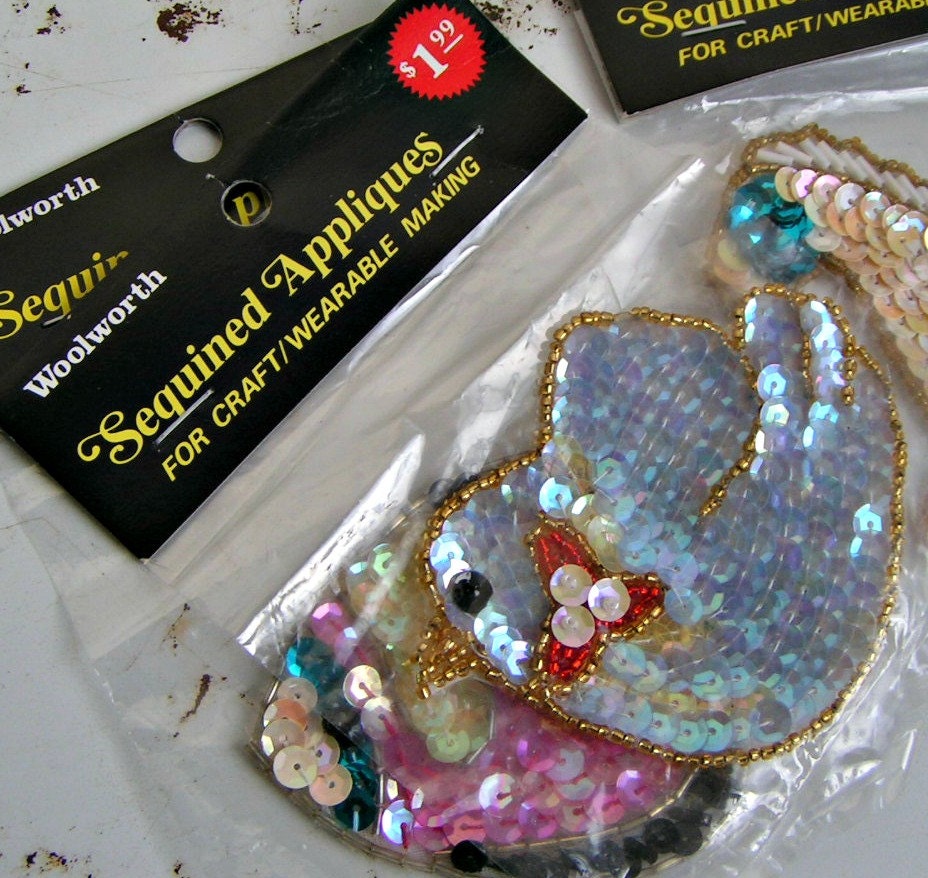 Retro Woolworth Sequin Applique Trio. Horse. Bird. Fish