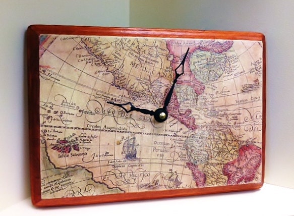 Vintage Old World Map of Western Hemisphere Handmade Wood Clock by cadencedesigns on etsy