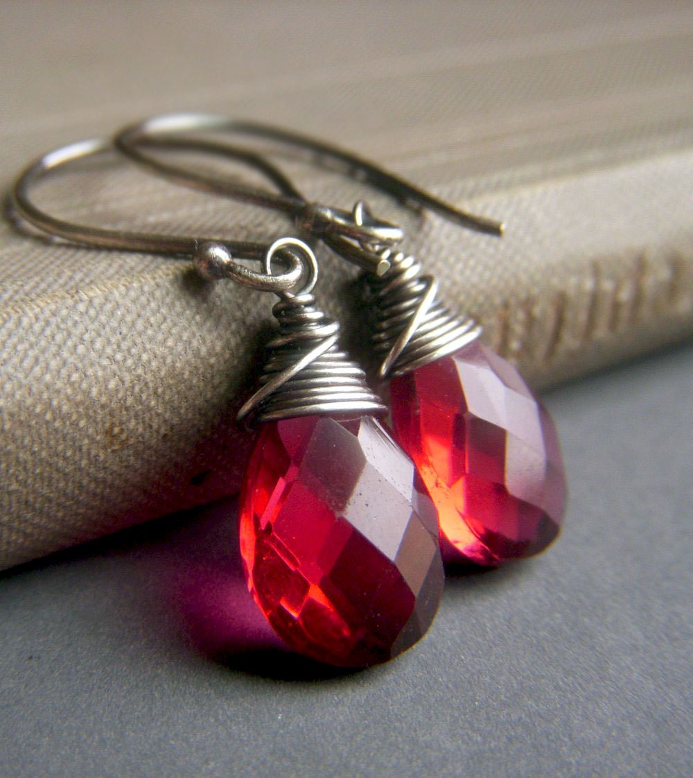 Ruby Quartz Earrings on Oxidized Sterling Silver . Wirewrapped Hot Pink Gemstone Minimalist Dangle . Fuchsia Flame