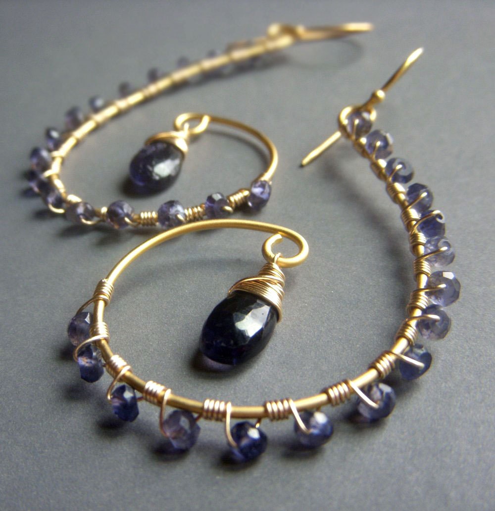 Iolite Gemstone Earrings on Gold . Large Wirewrapped Spiral Hoop Rondelle Glam . Luxe Blue