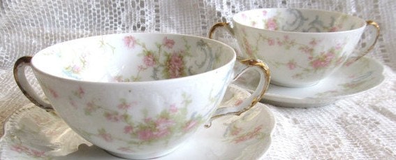 Antique Set Of 2 Princess Haviland And Co Limoges France Bouillon Cups With Bavaria Saucers, Mix Match