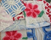 Cheerful mix  Flowers /  Vintage Chenille Bedspread precut 6 inch 35 squares  Make a baby quilt fabric