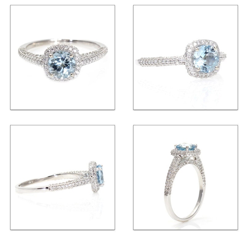 Aquamarine Engagement Ring Diamond Halo 14K White Yellow Rose Gold 18K Platinum Palladium Bridal Jewelry