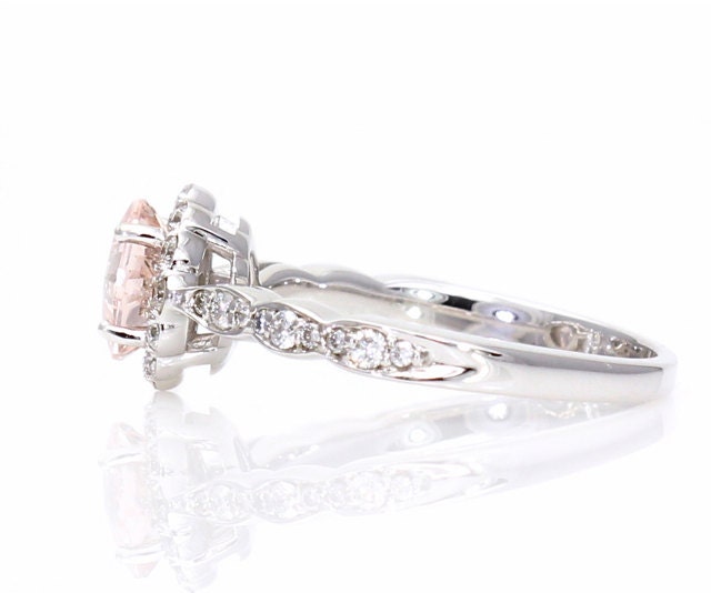 Asscher Morganite Engagement Ring 14K Morganite Ring Diamond Halo Custom Bridal Jewelry