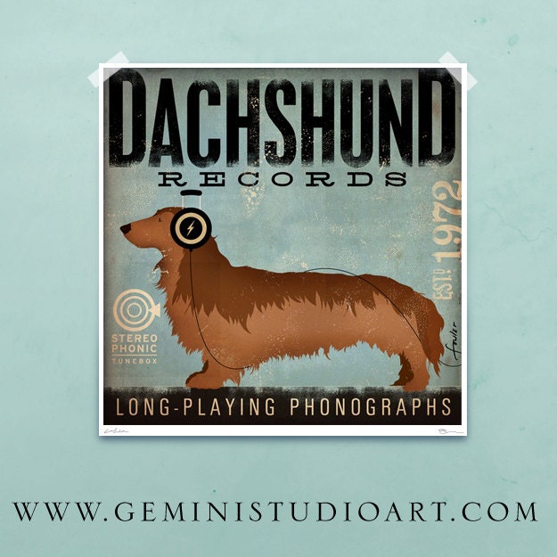 DACHSHUND records album style artwork original graphic illustration giclee archival print 12 x 12
