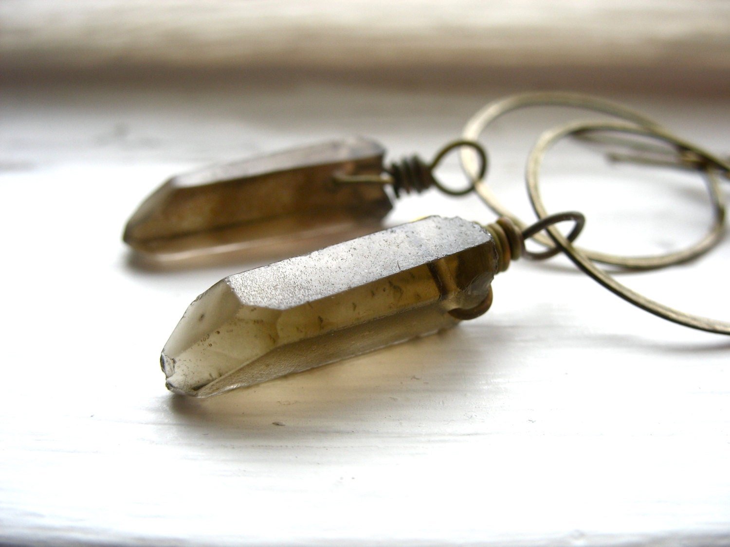 Smoky Quartz Crystal Point  Antiqued Brass Infinity Hoop Chandelier Dangle Drop Earrings, Handmade Artisan Gemstone Earrings, FREE SHIPPING