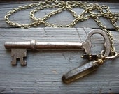 Skeleton Key Necklace, Smoky Quartz Crystal Point Stone Necklace, Handmade Artisan Gemstone Pendant Brass Chain Jewelry, FREE Shipping