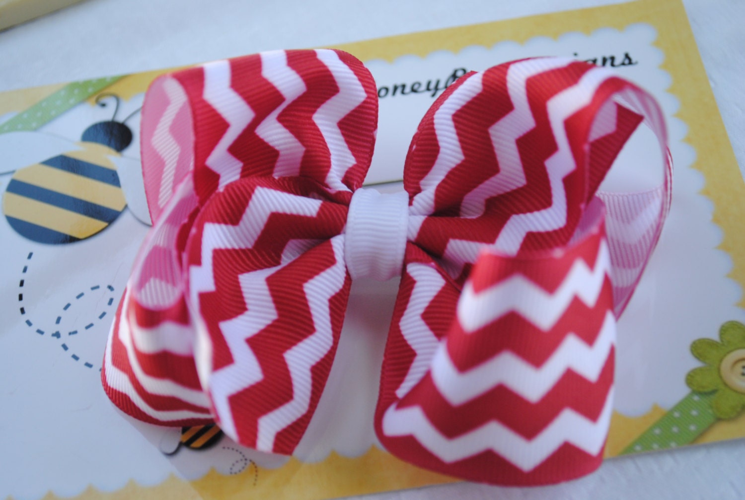 Red and White Chevron Print Large Boutique Hair Bow...Toddler Hairbow...Baby Chevron Bow...Infant ZigZag Hair Clip...