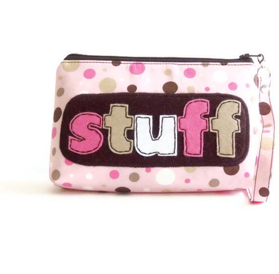 Wristlet Pouch Clutch Make Up Bag Flat Bottom Pink Brown Polka Dot for your Stuff