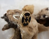 Black Glass and Gold Tone upcycled Cuff Link, adjustable ring