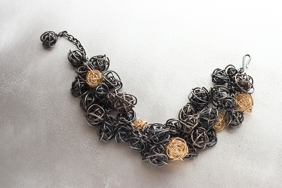 SALE: Black Gold Waterfall Bracelet, oxidized silver and 14k gold, wire wrapped bracelet