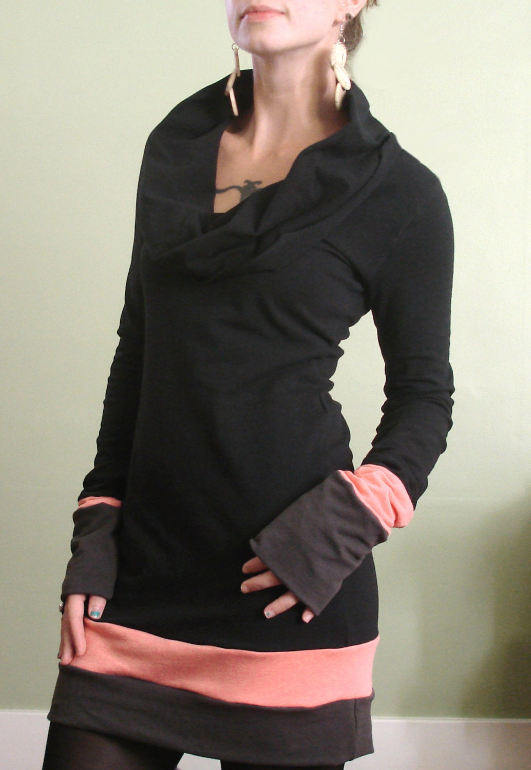 cowl tunic dress extra long sleeves Black/Peach/Cement Grey