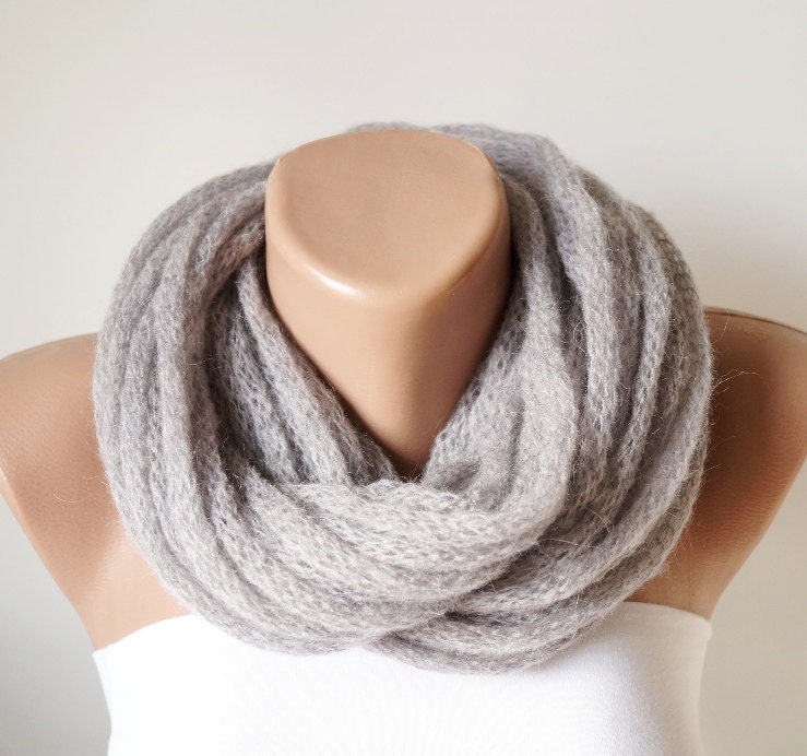 Winter Accessories-Infinity Scarf - Loop Scarf - Circle Scarf - Cowl Scarf - Mohair Angora - GRAY-Chunky Chain Cozy