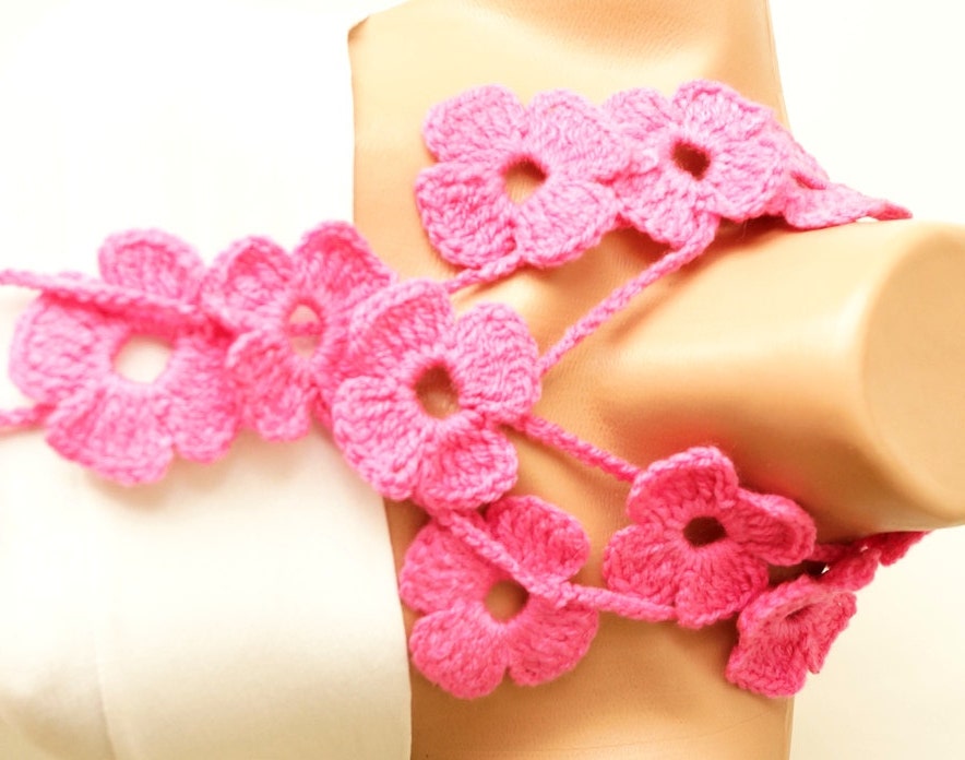 Flower Scarf, Handmade Crochet Pink  tones  Color Flower Lariat, Scarf, Necklace