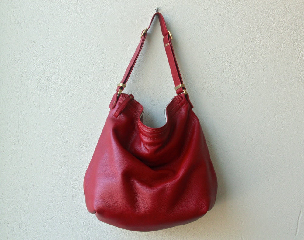 ready to ship price - English Red with Nickel Hardware - BOHO  LARGE -  with 11" laptop or tablet pocket - large leather hobo bag