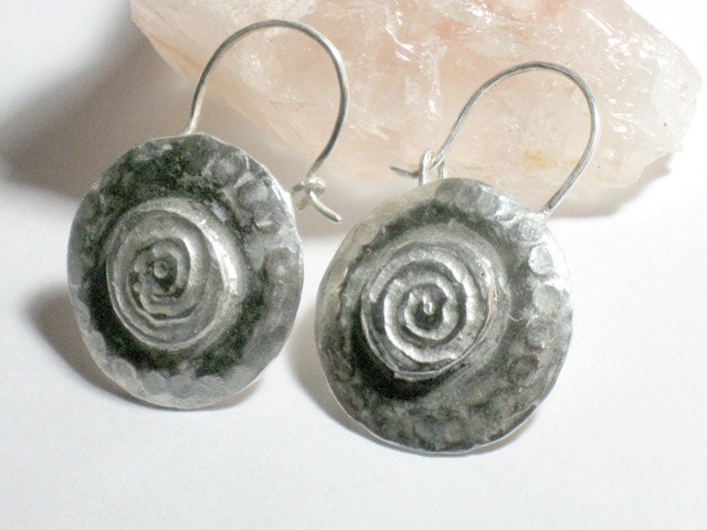 Silver Swirl  Ear hoops - Sterling Spiral Dangles - Round Disks with Swirls
