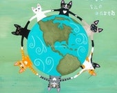 Earth Day Cats Original Folk Art Digital Print