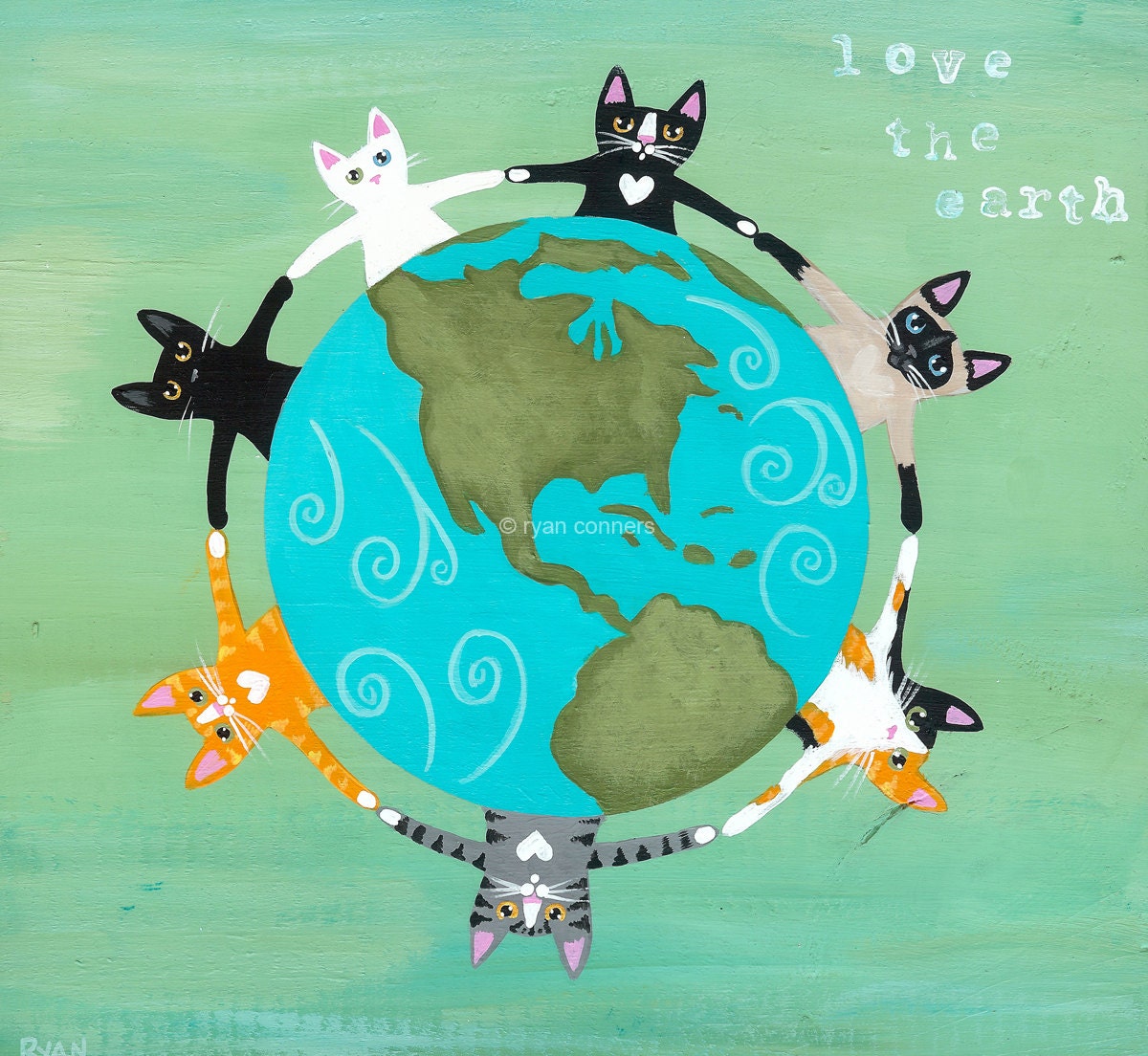 Earth Day Cats Original Folk Art Digital Print