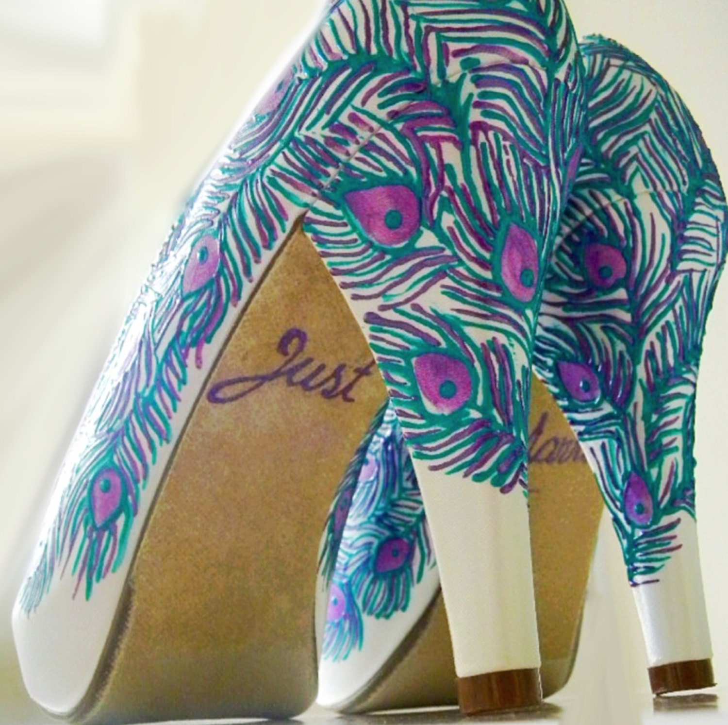 Wedding shoes peacock feather Just Married purple turquoise