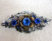 Vintage Blue Rhinestone & Flower Brooch