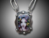 Sterling Silver  Necklace with Painted Fused Glass Cab Butterfly Goddess