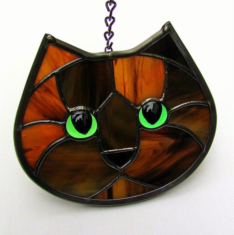 Stained Glass Tortoiseshell Cat Face Suncatcher Green Eyes