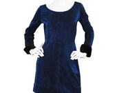 60's Vintage Fur Trim Cuff Blue Metallic Cocktail Dress
