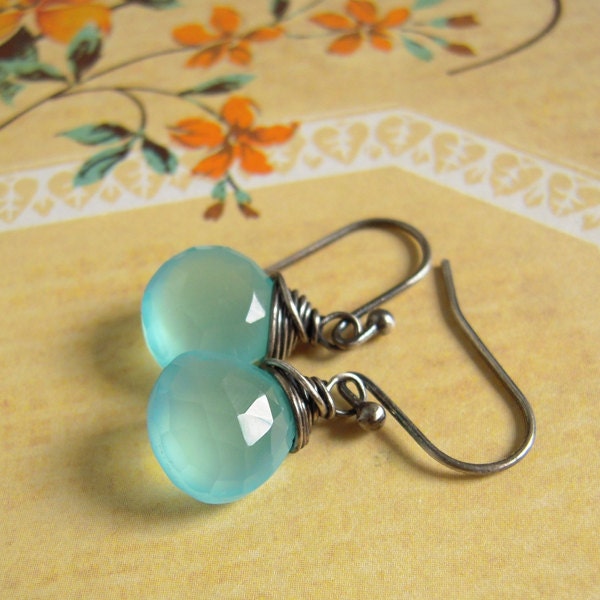 Aqua Blue Chalcedony Oxidized Sterling Silver Earrings