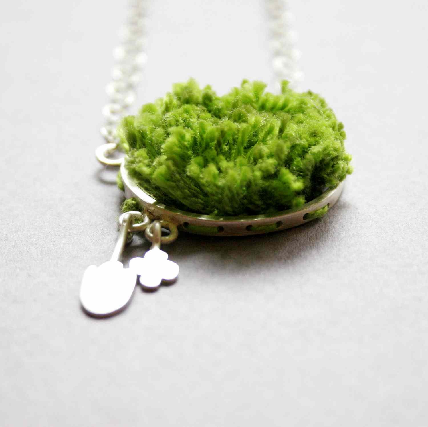 Sterling Silver Necklace with Faux Grass - My Garden - One of a kind