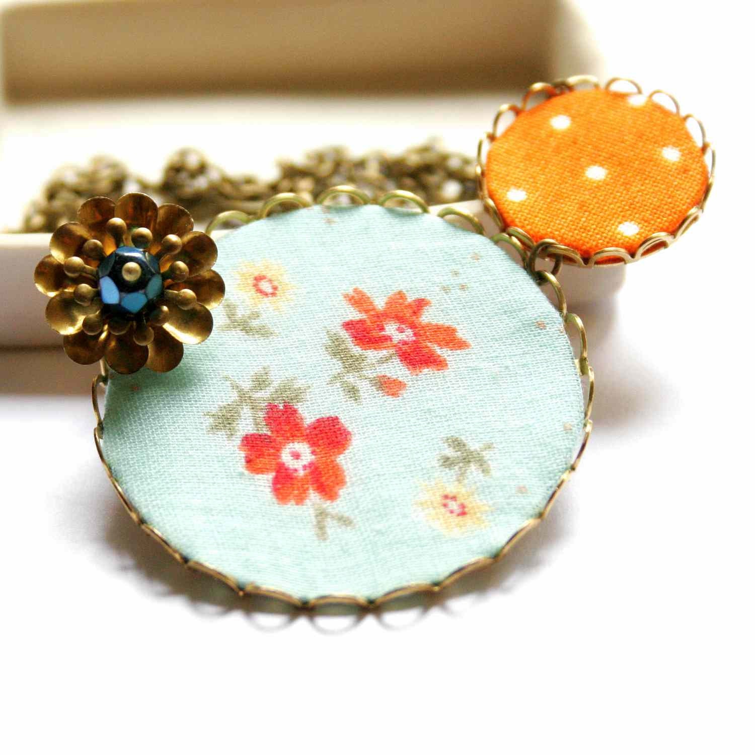 Necklace in Turquoise and Orange with Polka Dots - Floral Sky