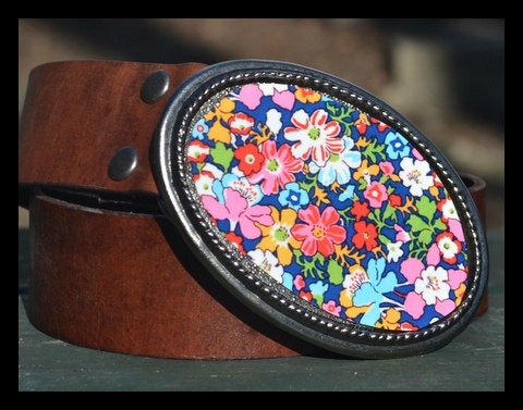 The Beatrix Belt Belt - Leather Belt with Stunning Blue, Red and Green Flower Belt Buckle