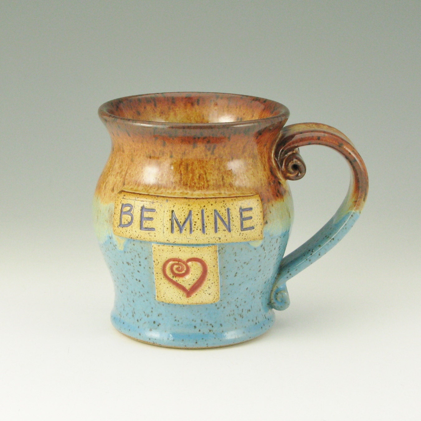 BE MINE Red Heart Valentines Day Mug, 16 Ounce Coffee Mug, Pottery Beer Mug, Honey Brown and Bright Light Blue, Ready To Ship