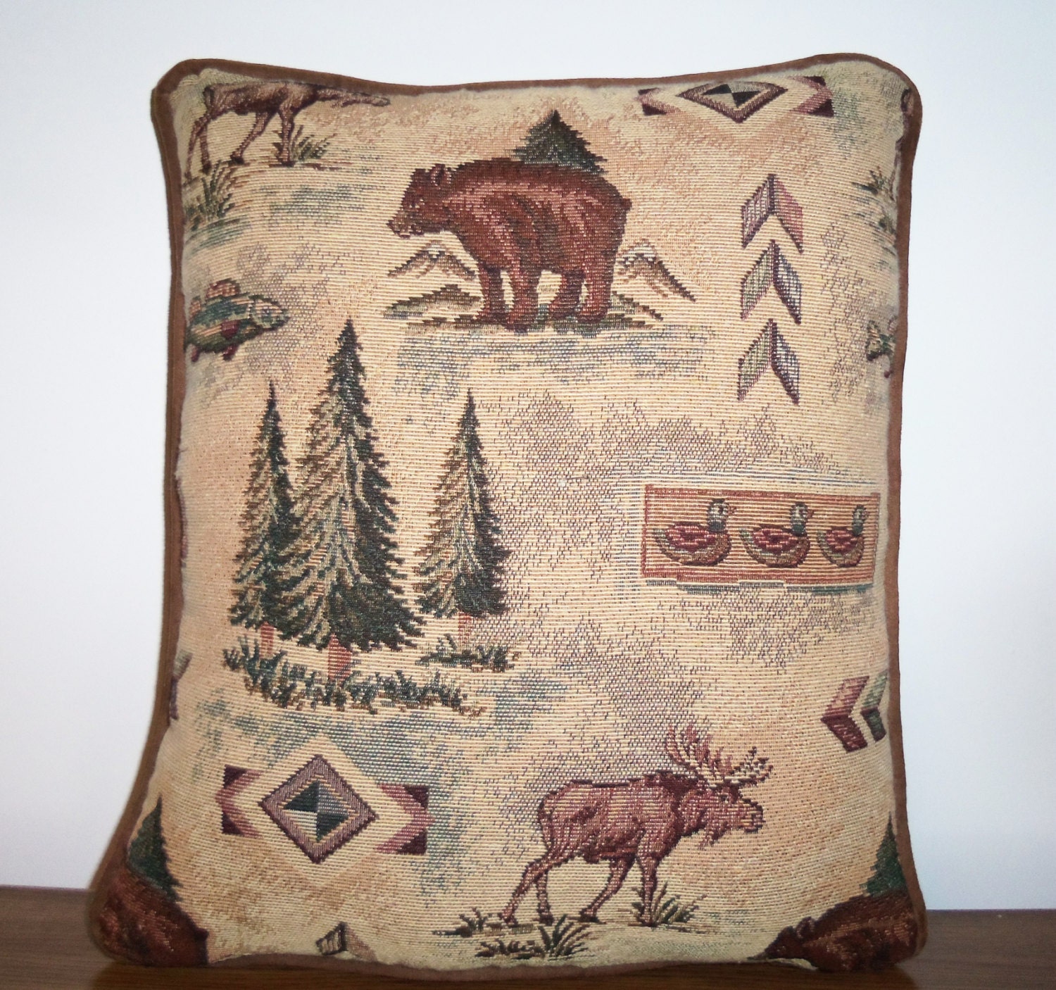 Moose Bear Pillow Cabin Lodge Tapestry Pillow