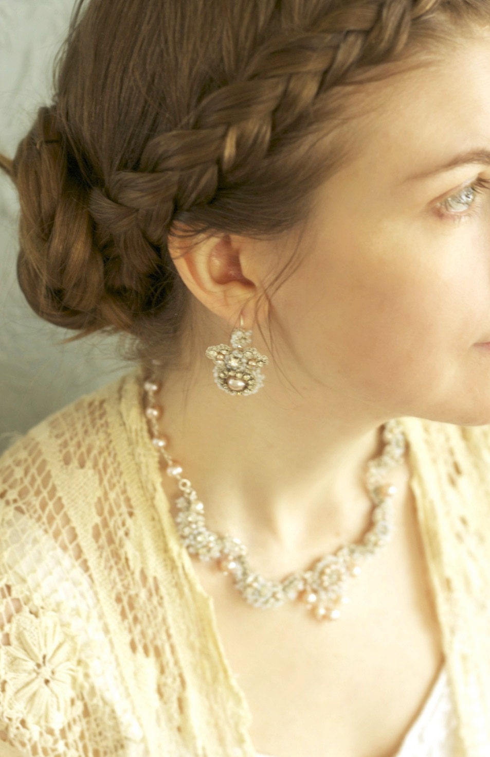 Pink Pearl Bridal Earrings / Dainty Drop Dangle Earrings / Vintage Rhinestones "Garland of Roses"