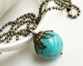 SALE Antique Brass Necklace - Large Turquoise Bead