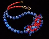 Natural Blue Lapis Lazuli Red Coral Necklace in Brass Hedgehog Tribal
