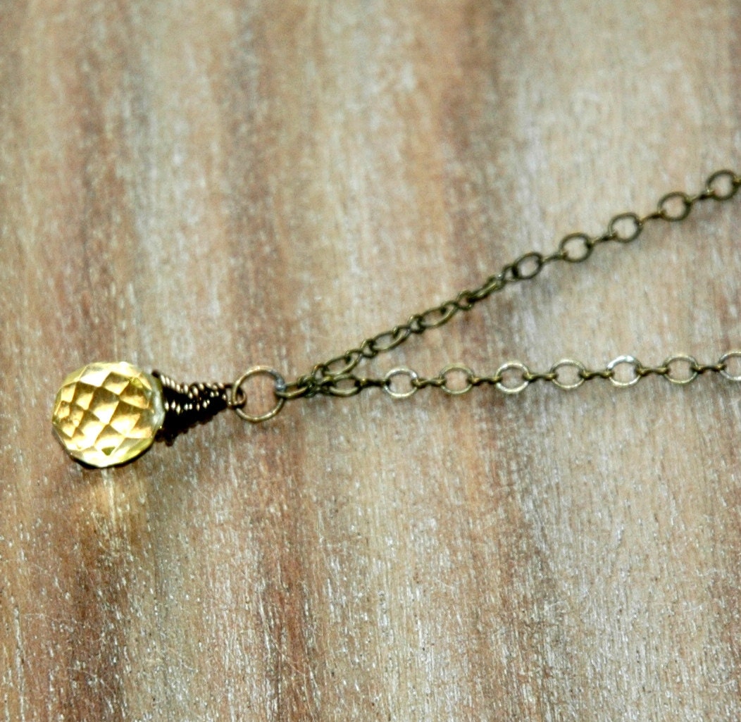 Tiny Antique Brass Wire Wrapped Golden Citrine Drop Pendant Necklace