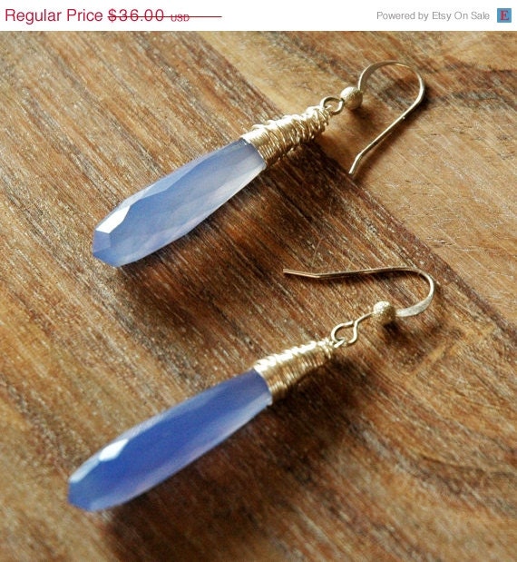 Summer Sale 10% Off Sterling Silver Wire Wrapped Earrings with Blue Chalcedony Gemstones Pendants