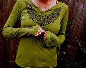 Moss Green Celtic Leaf Triple Spiral on Sleeves Blouse Stretch Cotton with Ties Long Sleeve Sm, L, XL, 2X