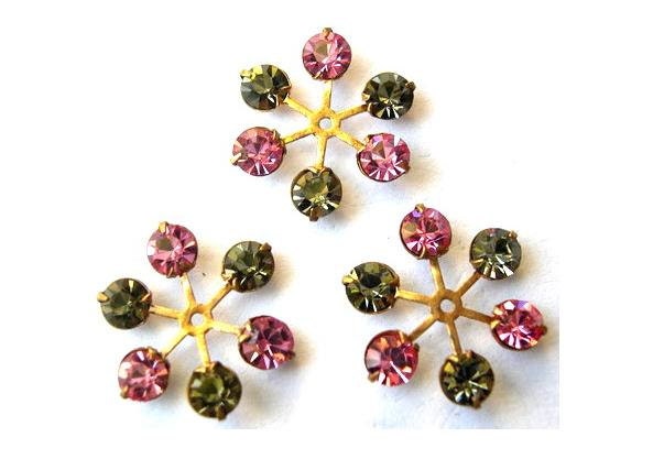 6 Vintage SWAROVSKI beads brass setting flower with pink and green rhinestone crystals 14mm