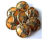 6 Vintage flowers buttons gold color flower Art Nouveau  style on amber color plastic 15mm