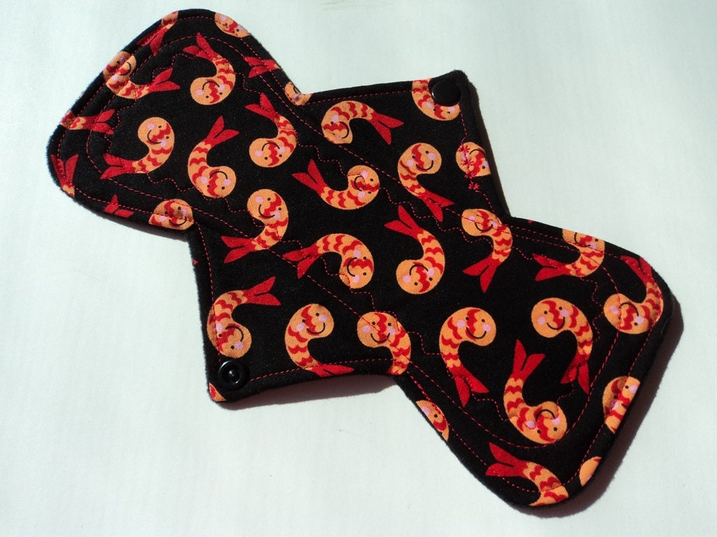 Cloth Menstrual Pad - 9.25" Bamboo and Hemp - Ultra Absorbency - Bento Box - Smiling Shrimp - Black