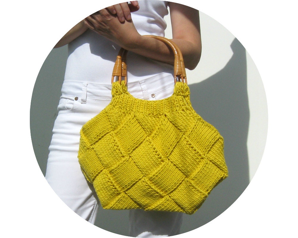Lemon Yellow Beach Bag Knit in Cotton with Rattan Handles
