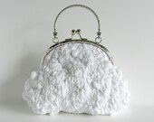White Bag Purse Knitted in Cotton with Silver Handles